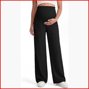 Maternity Palazzo Pants Over Belly Smocked Waist Wide Leg Stretchy